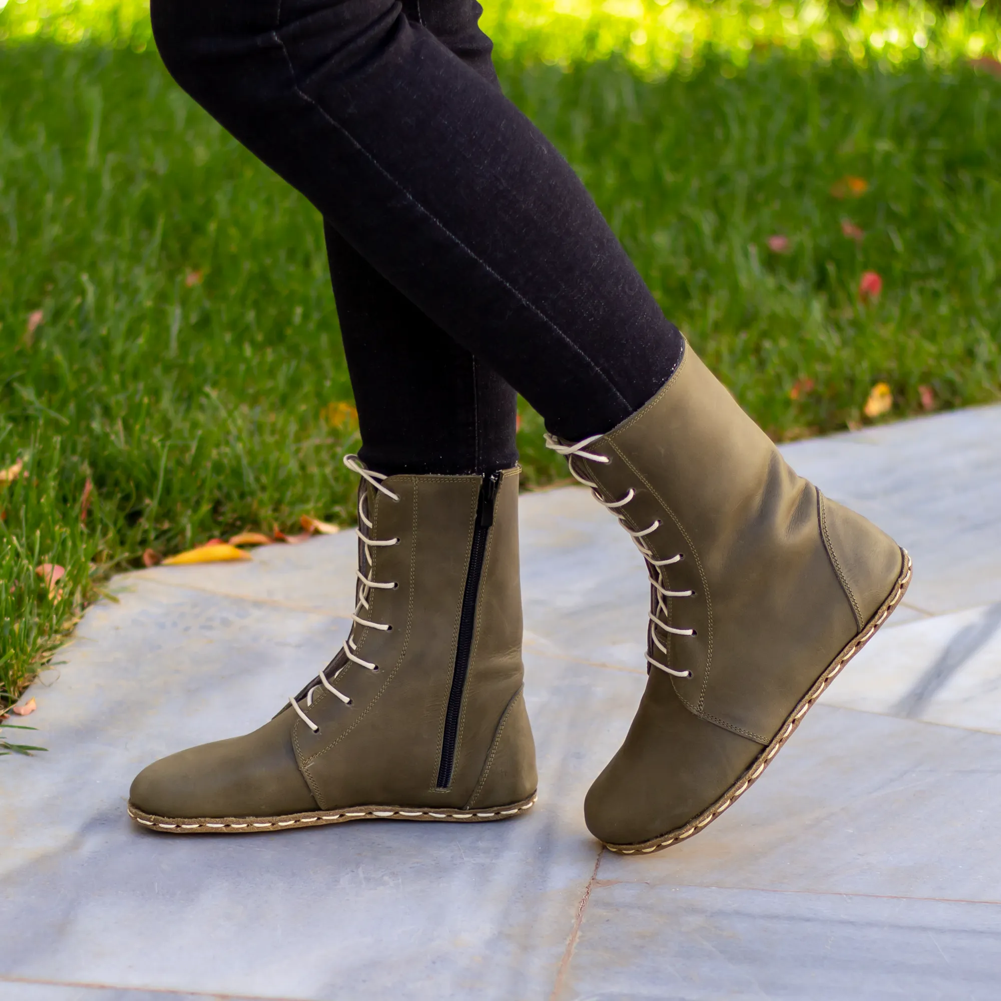 Barefoot Leather Lace-up Olive Green Boots for Women