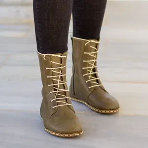 Barefoot Leather Lace-up Olive Green Boots for Women