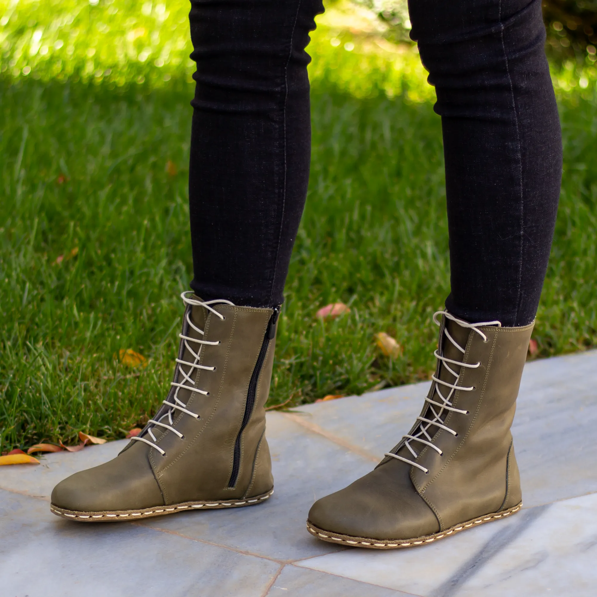 Barefoot Leather Lace-up Olive Green Boots for Women