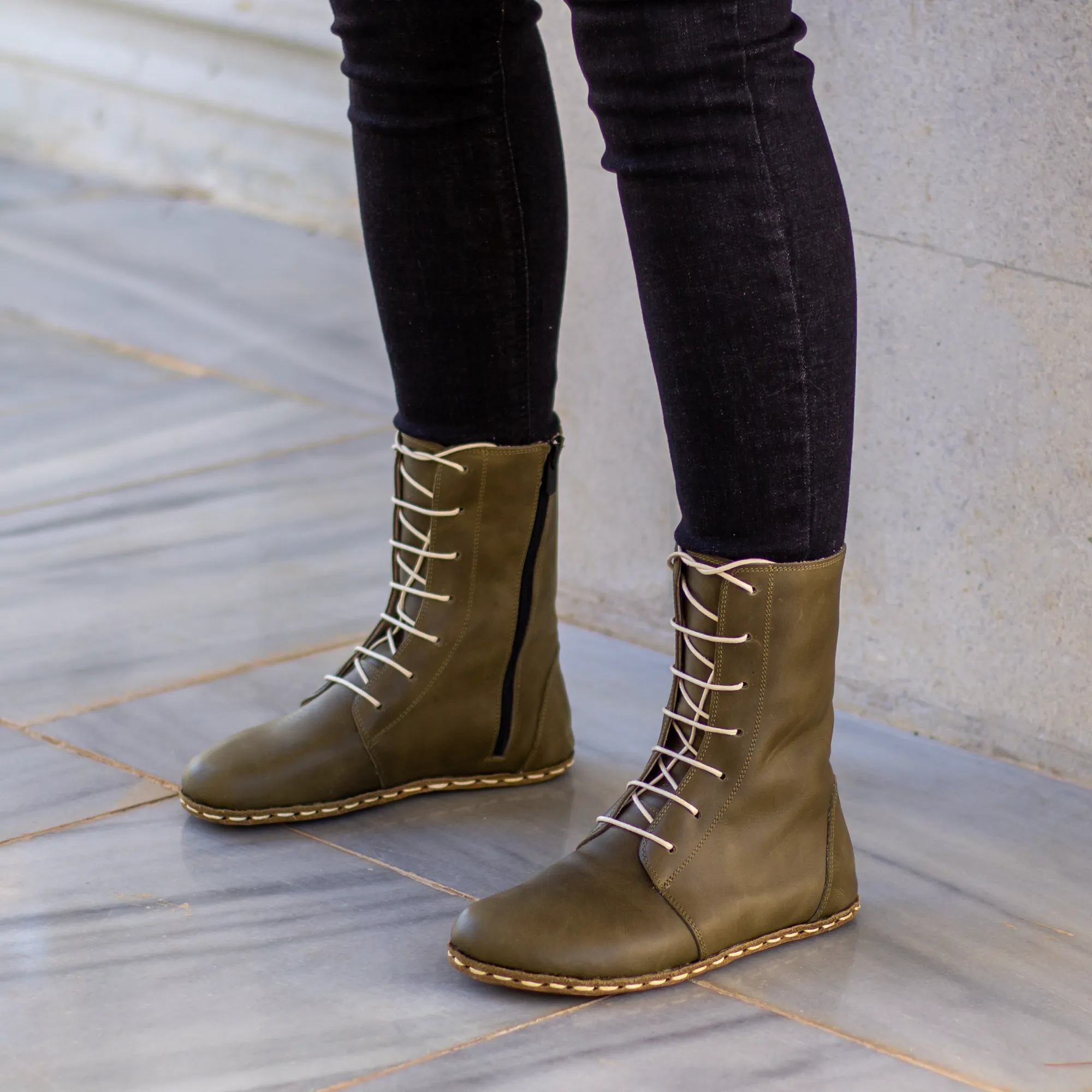 Barefoot Leather Lace-up Olive Green Boots for Women