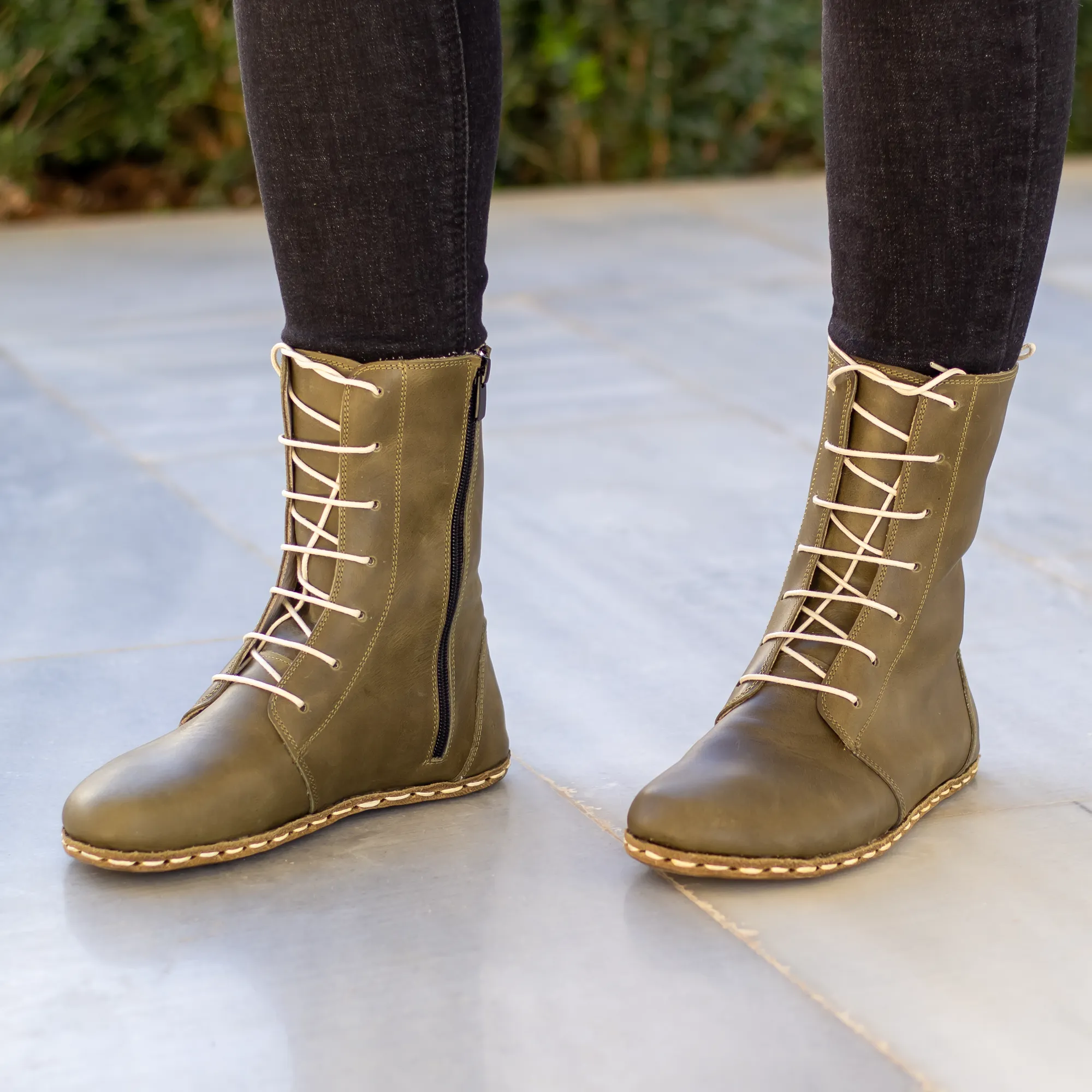 Barefoot Leather Lace-up Olive Green Boots for Women