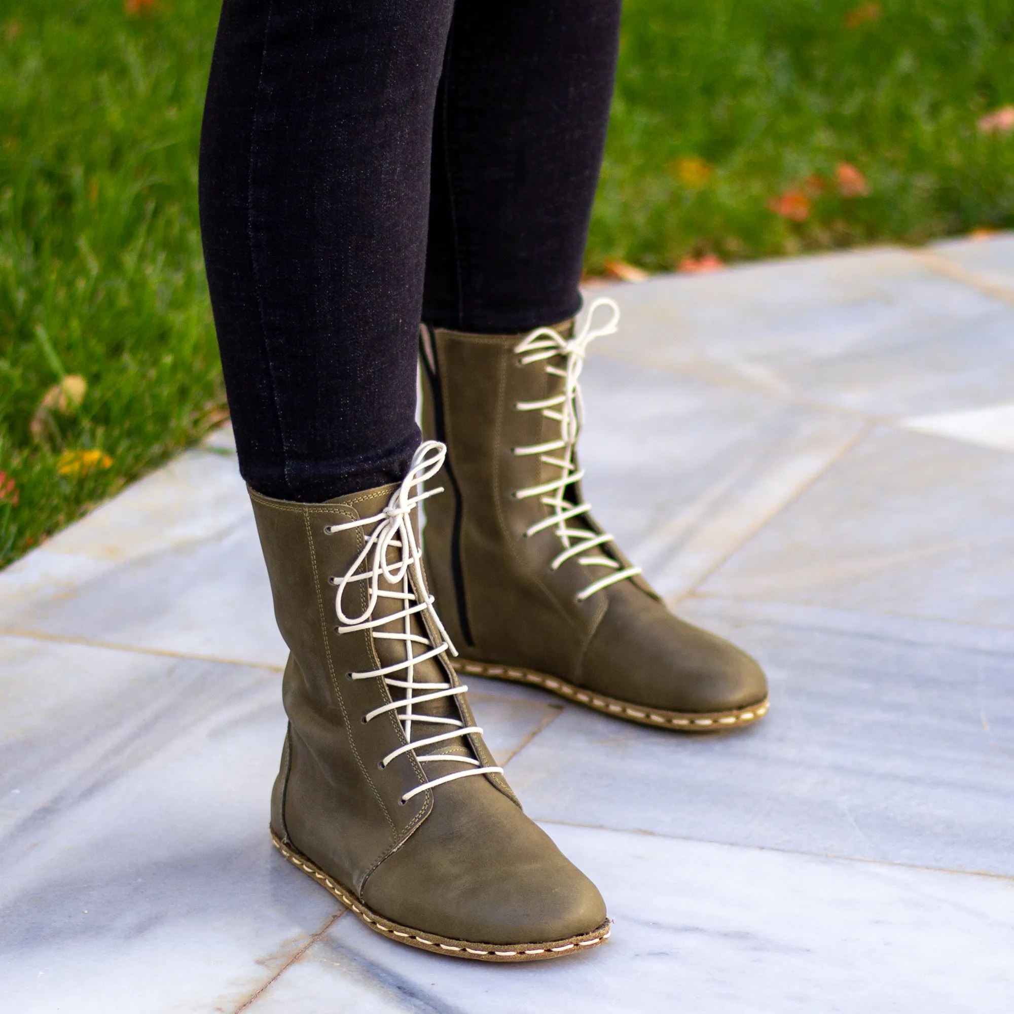 Barefoot Leather Lace-up Olive Green Boots for Women