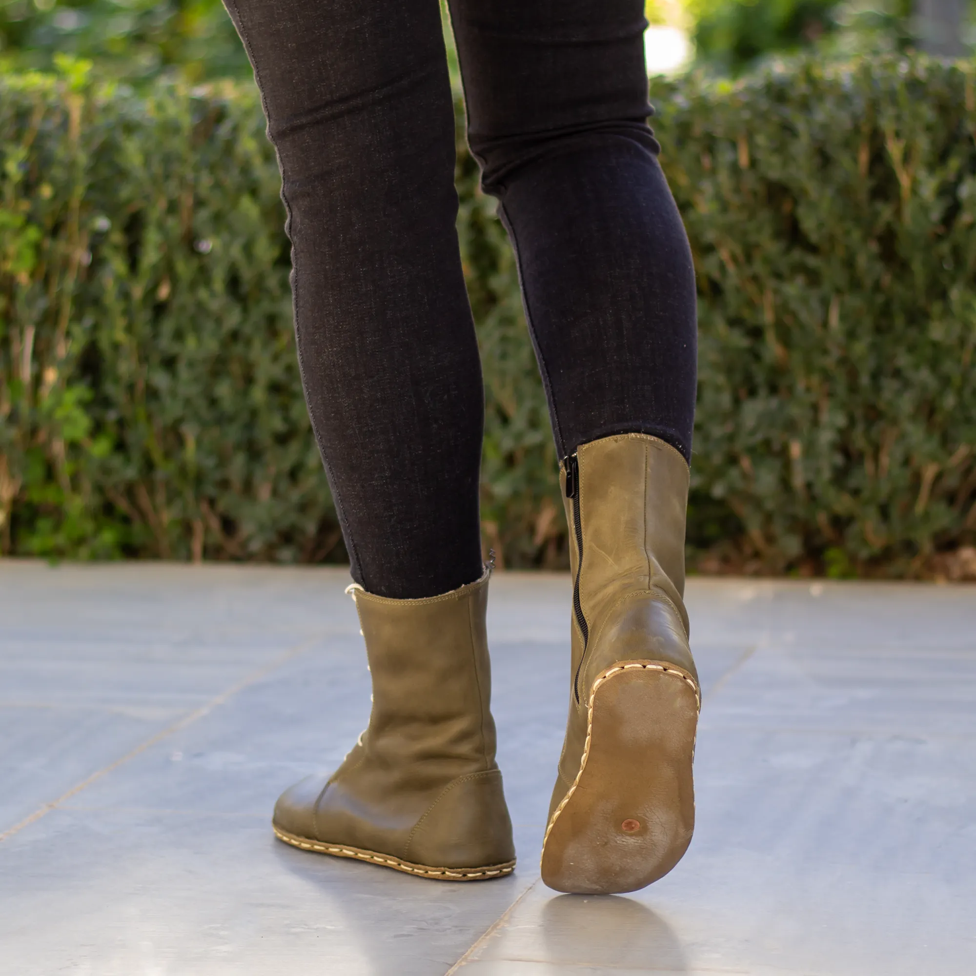 Barefoot Leather Lace-up Olive Green Boots for Women