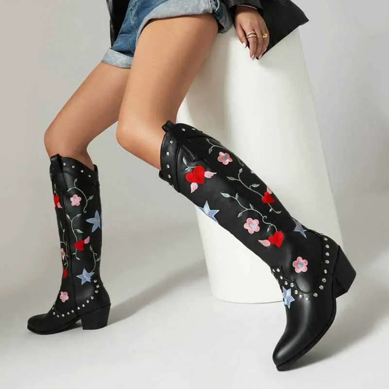 Black Cowboy Embroidery Boots for Women Chunky Knee High Cowgirl Boots