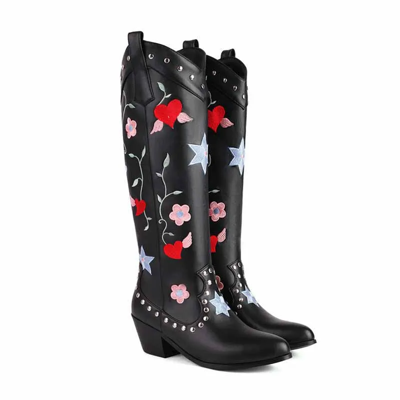 Black Cowboy Embroidery Boots for Women Chunky Knee High Cowgirl Boots
