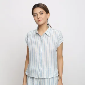 Blue Striped Cotton Muslin Flat Collar Button-Down Shirt