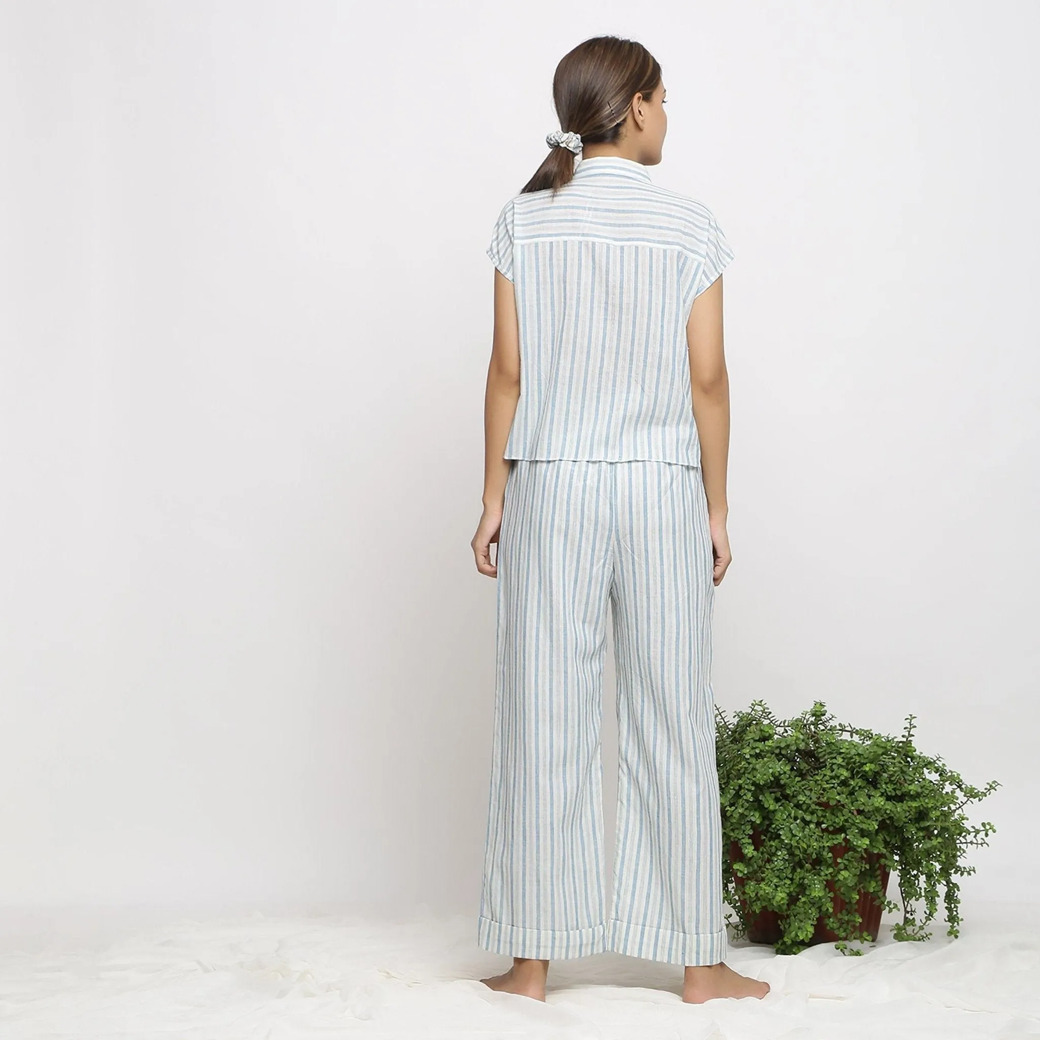 Blue Striped Cotton Muslin Flat Collar Button-Down Shirt