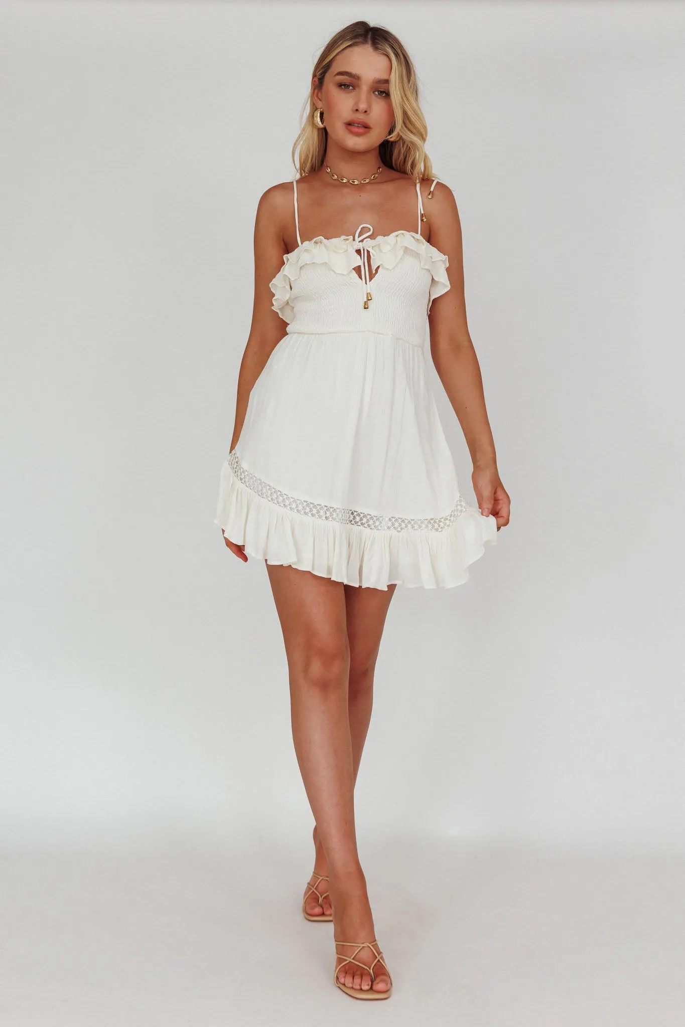 Daydream Shirred Bust Frill Trim Mini Dress White