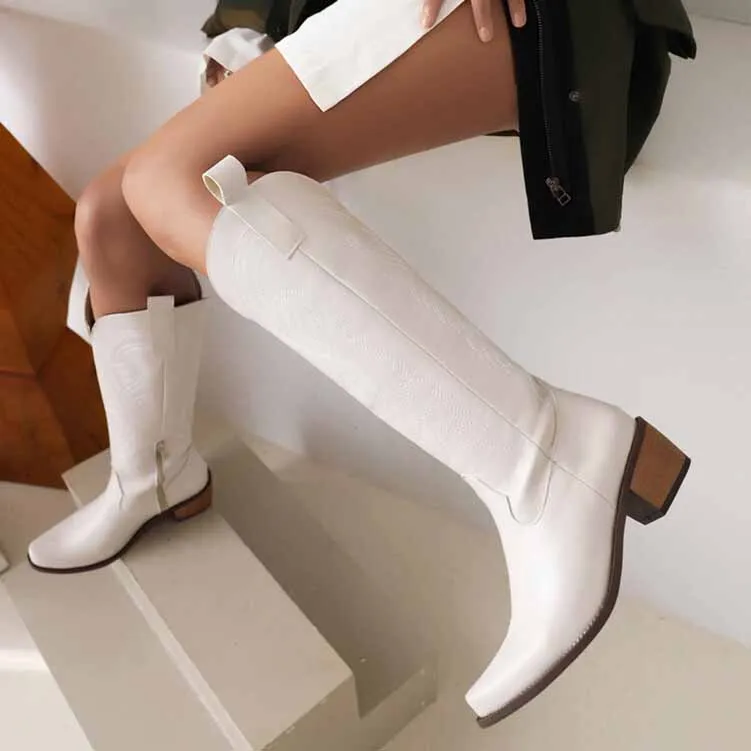 Embroidered Pull-On Chunky Heel Cowgirl Knee High Western Boots