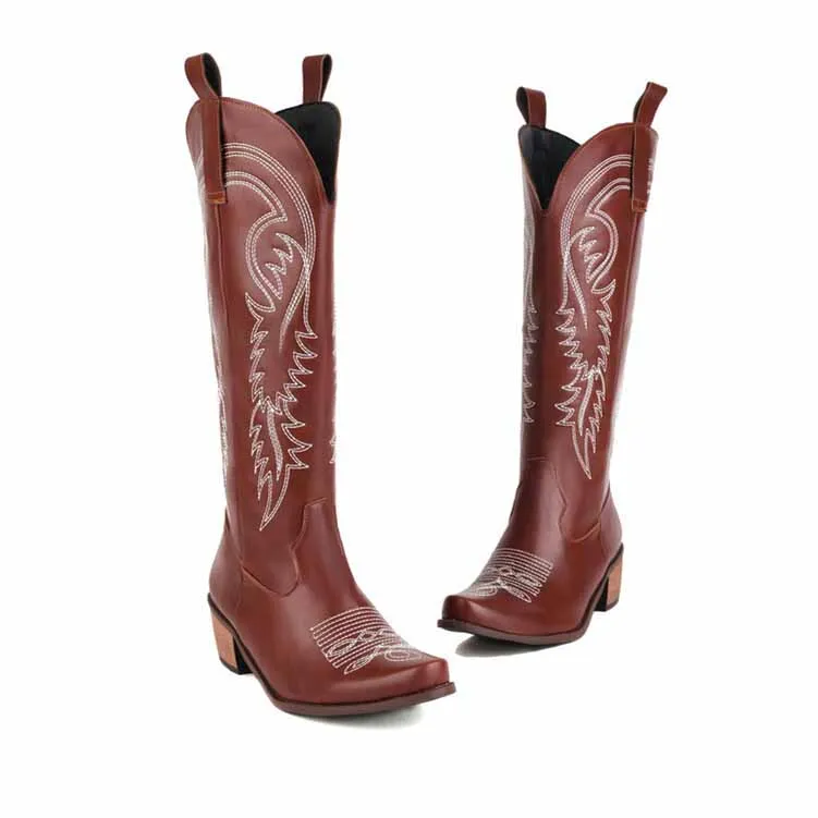 Embroidered Pull-On Chunky Heel Cowgirl Knee High Western Boots