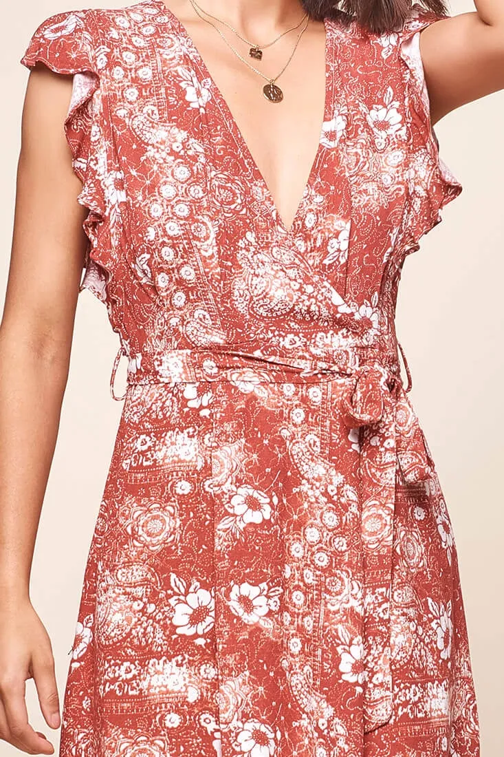 Francesca Ruffle Sleeve Wrap Dress Rust