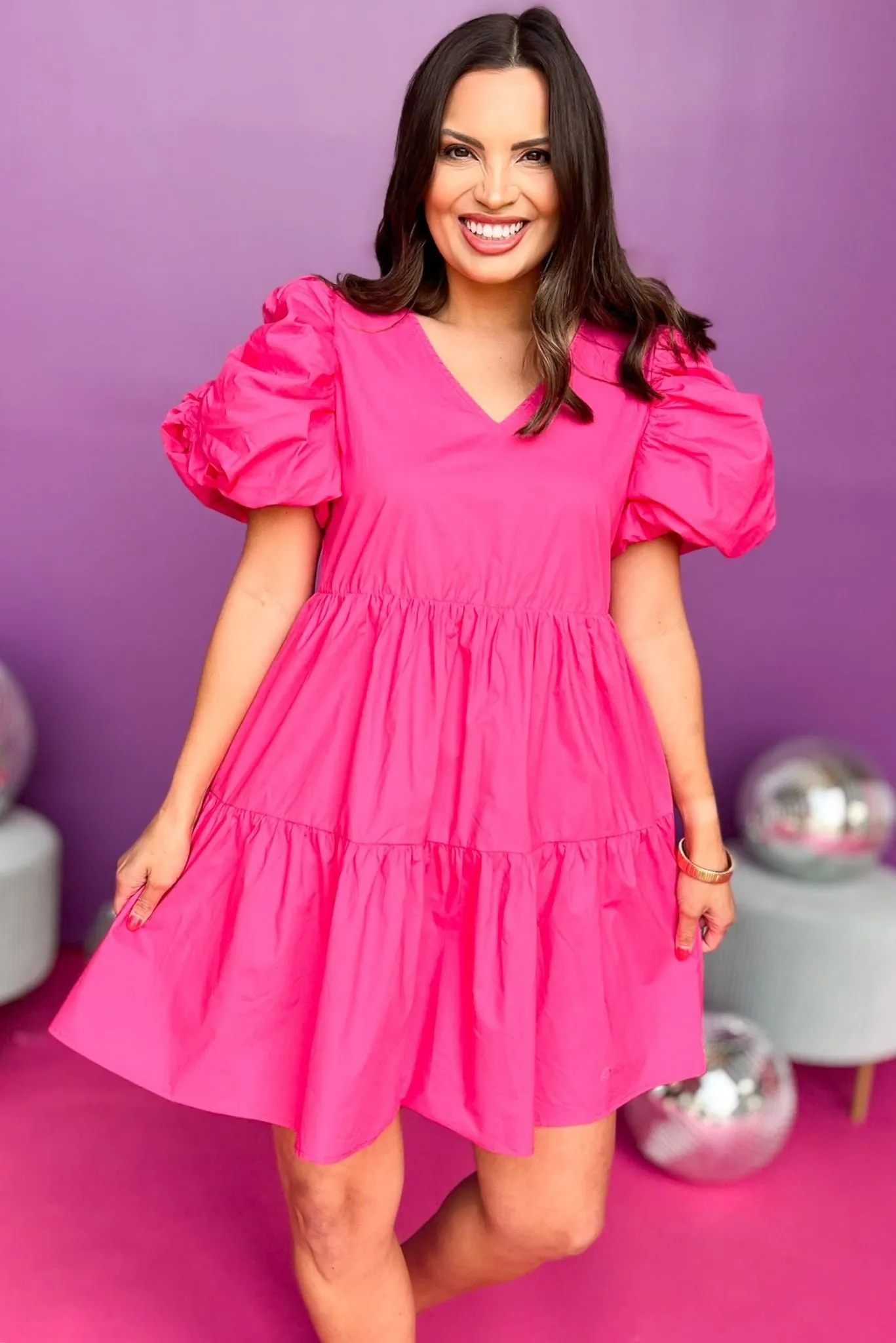 Fuchsia V Neck Short Puff Sleeve Tiered Dress *FINAL SALE*