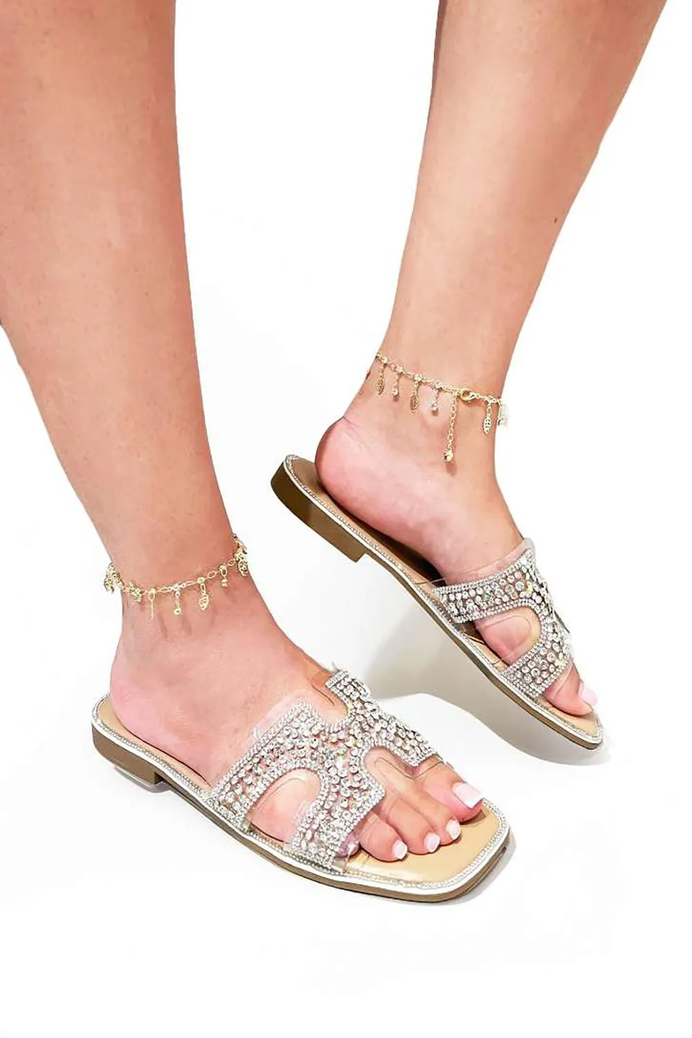 Laria Perspex Diamante Cut Out Sliders in Silver