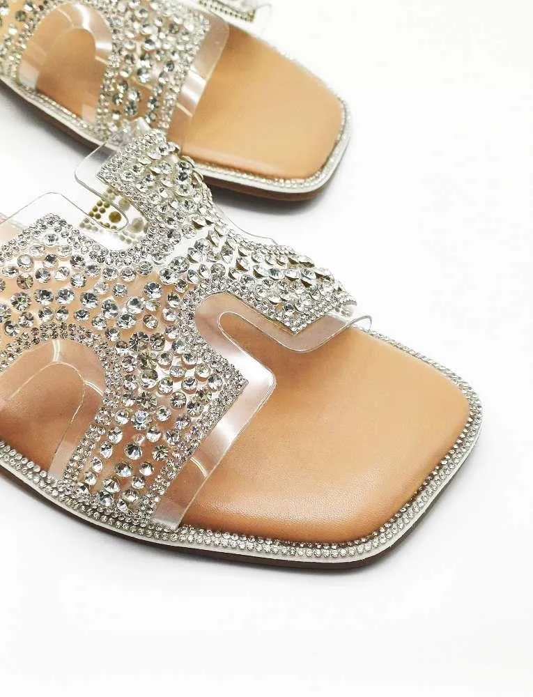Laria Perspex Diamante Cut Out Sliders in Silver
