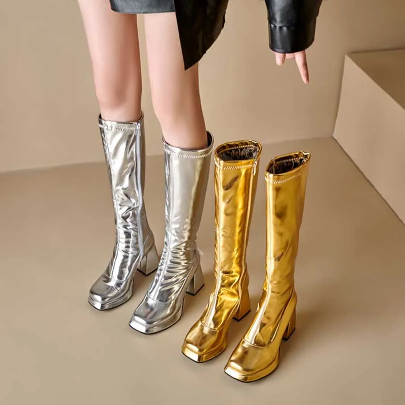 Metallic Microfiber Leather Square Toe Block Heel Knee High Boots