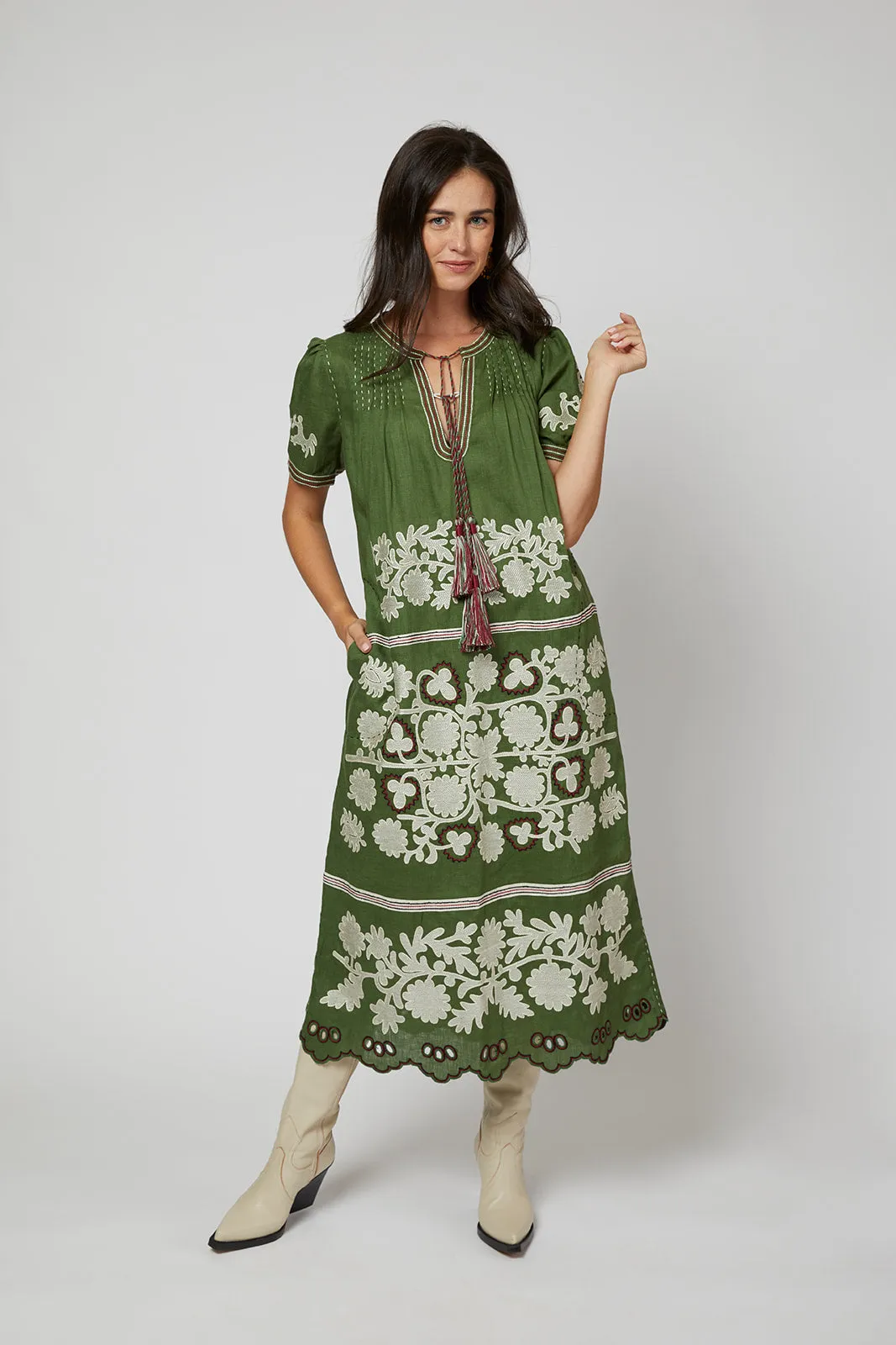 Natalia Ukrainian Embroidered Maxi Dress - Ivory, Olive by Larkin Lane