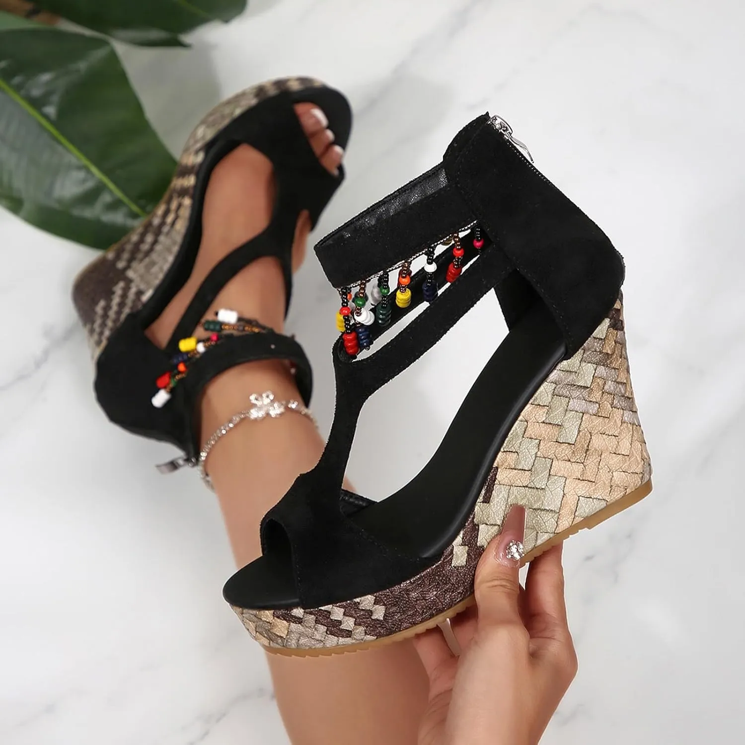 Orthopedic Wedge Sandals for Women 2025 Fish Mouth Open Toe Hollow Out Comfortable Platform Slides Ankle Strap Platform Wedges Boho Orthopedic High Heels Beach Shoes