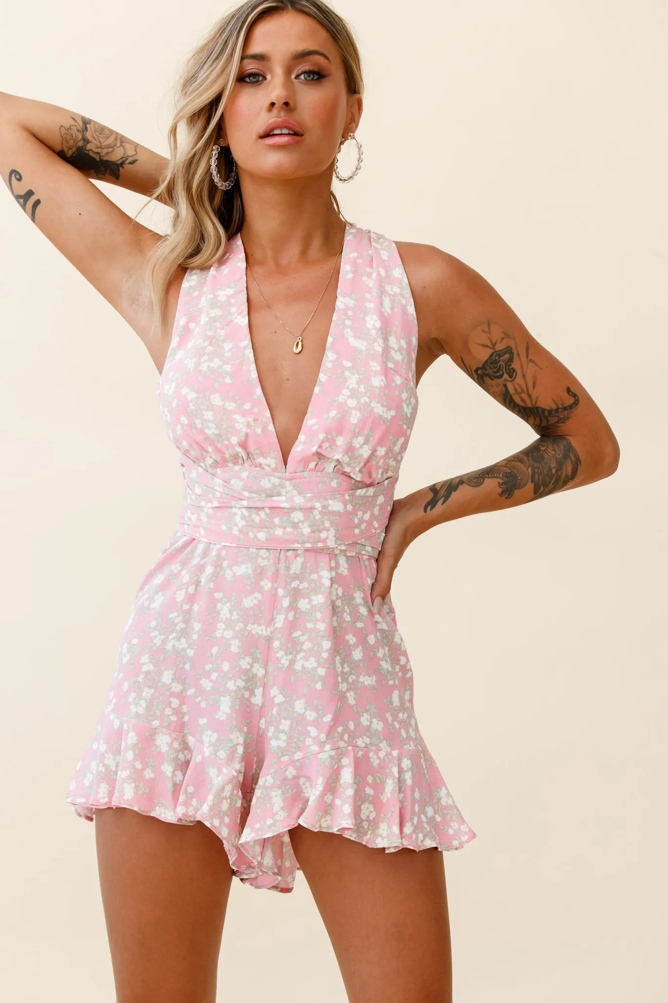 Playa Vista Halterneck Frill Hem Romper Floral Print Pink