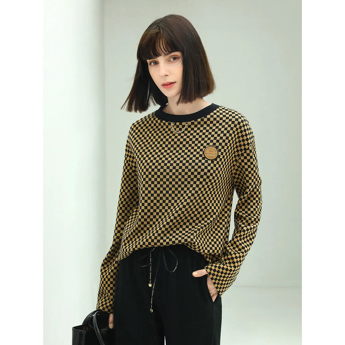 Relaxed-Fit Jacquard Grid Brown Sweater
