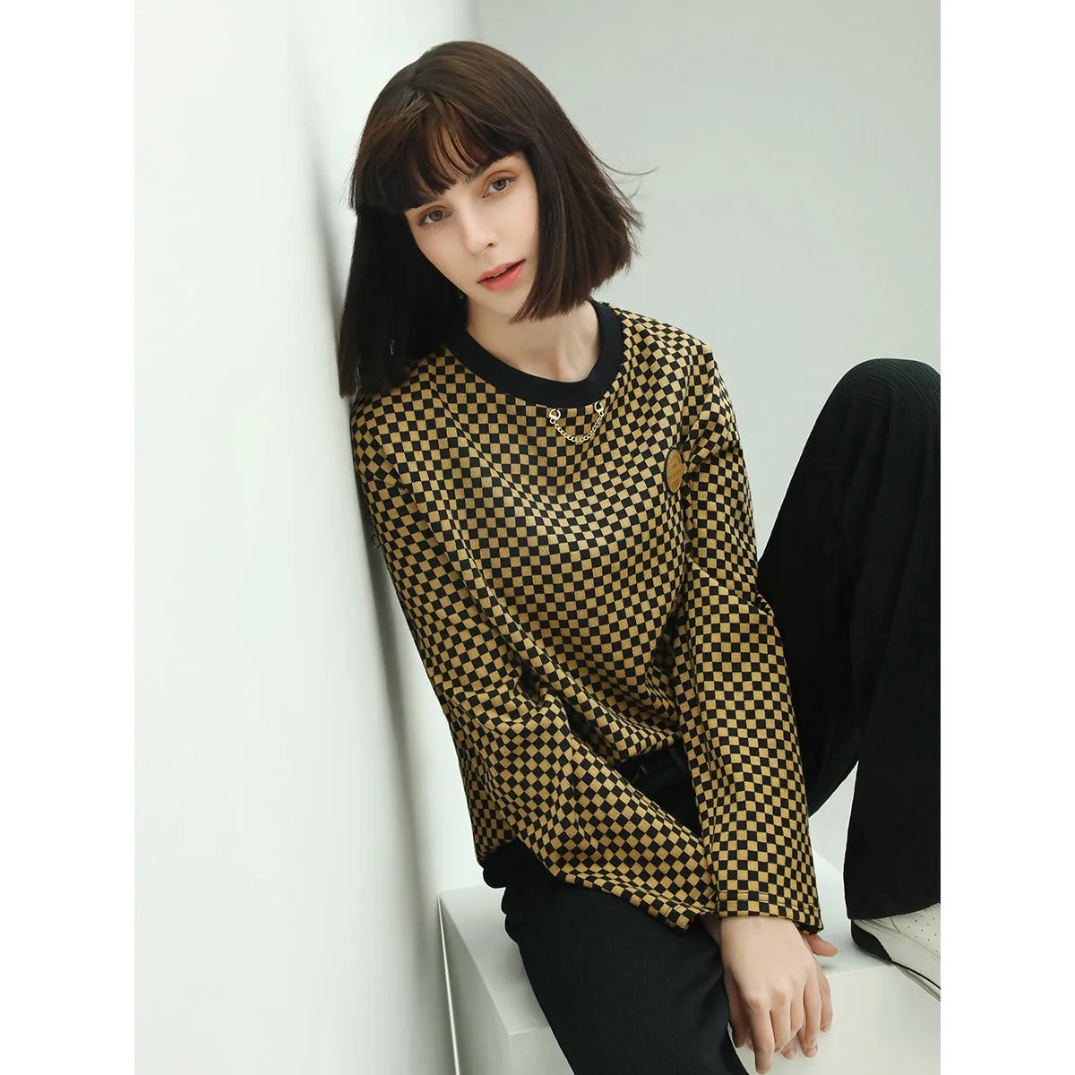 Relaxed-Fit Jacquard Grid Brown Sweater