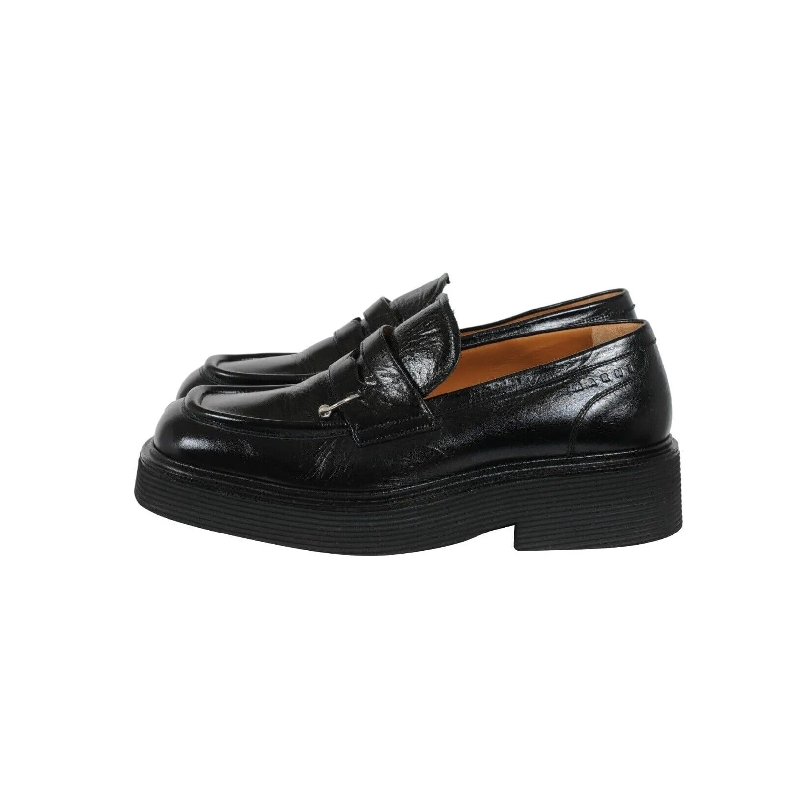 Square Toe Platform Loafers Black Leather Metal Ring Derby