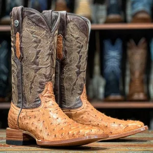 Tanner Mark Men's Genuine Ostrich Square Toe Boots Brandy TMX200479