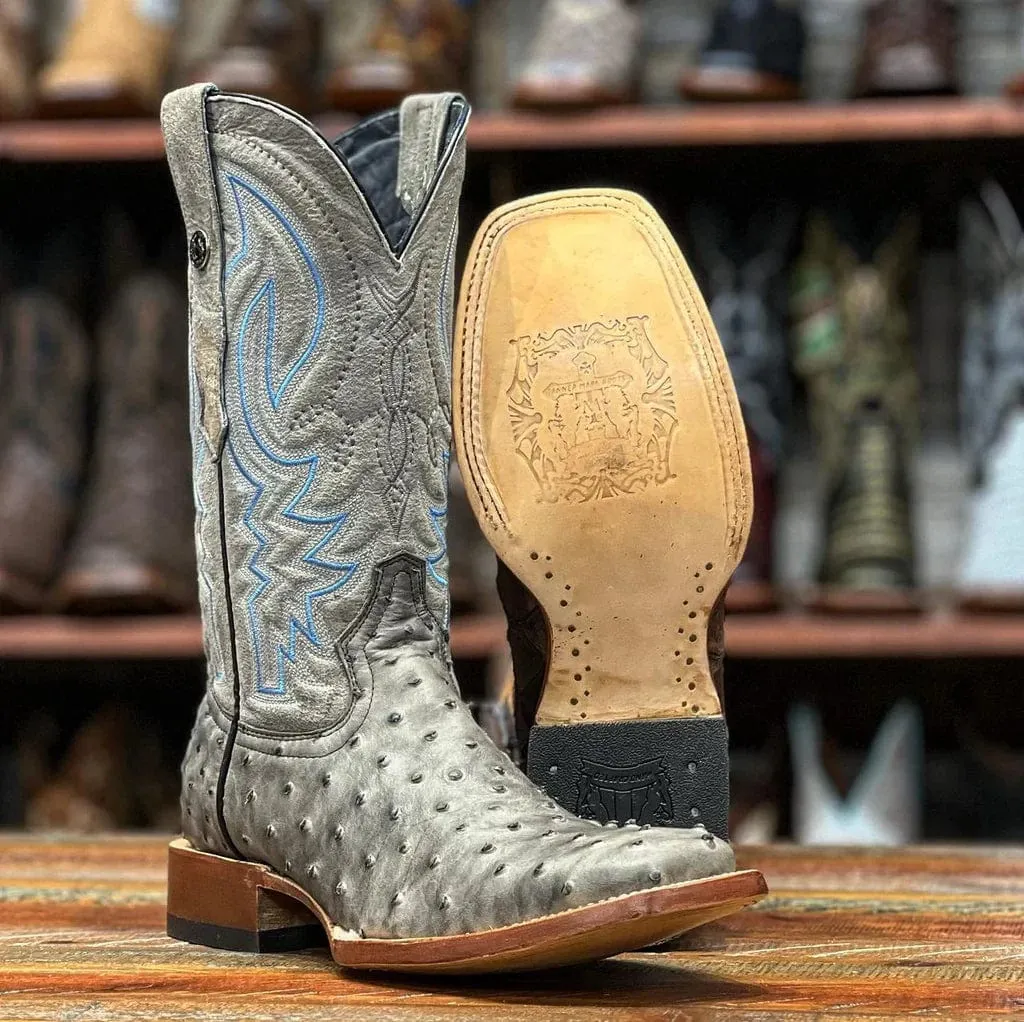 Tanner Mark Men's Print Ostrich Square Toe Boots Grey with Black TM205578