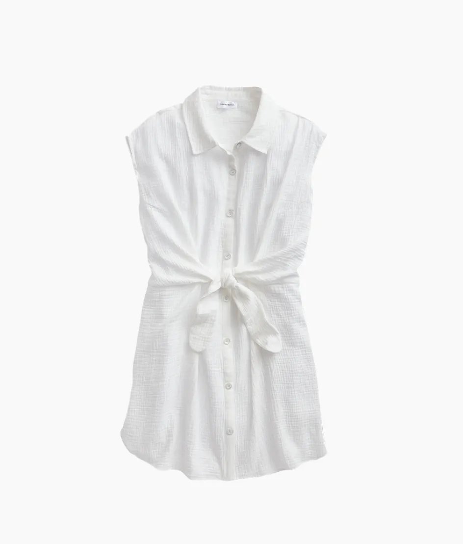 The Going Places Gauze Tie-Waist Shirtdress - White Sand