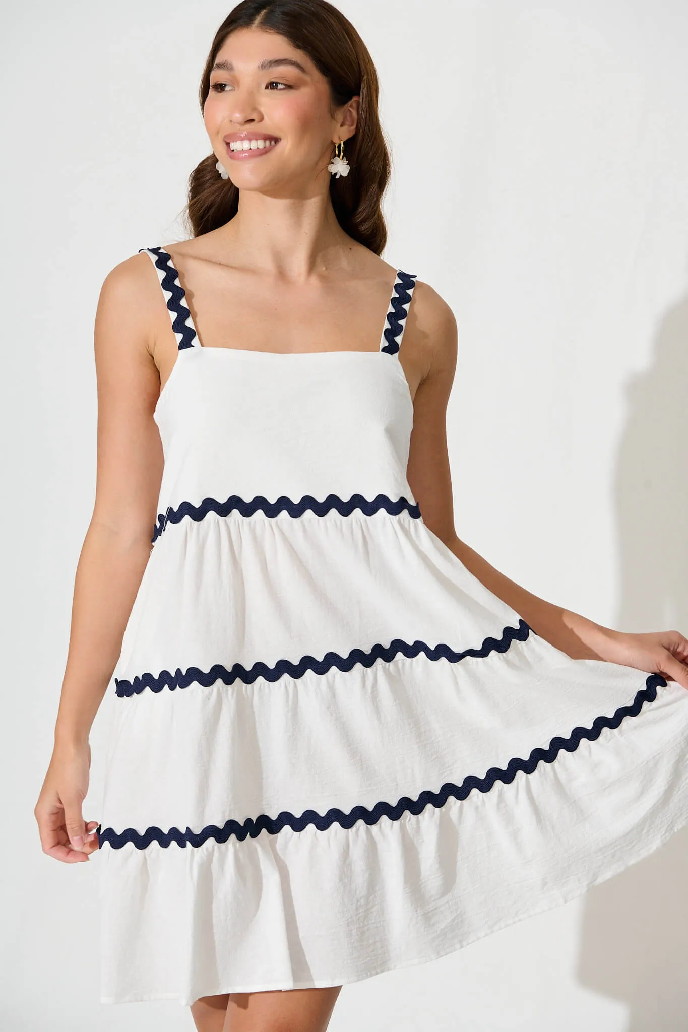 White Navy Trim Cotton Sundress by Sara