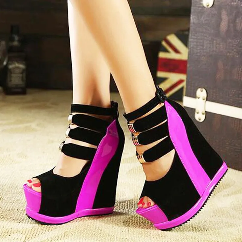 Women Platform Sandals Wedges High heel 14cm Peep Toe Mixed Colors Sweet Woman Shoes Sexy Ladies Shoes