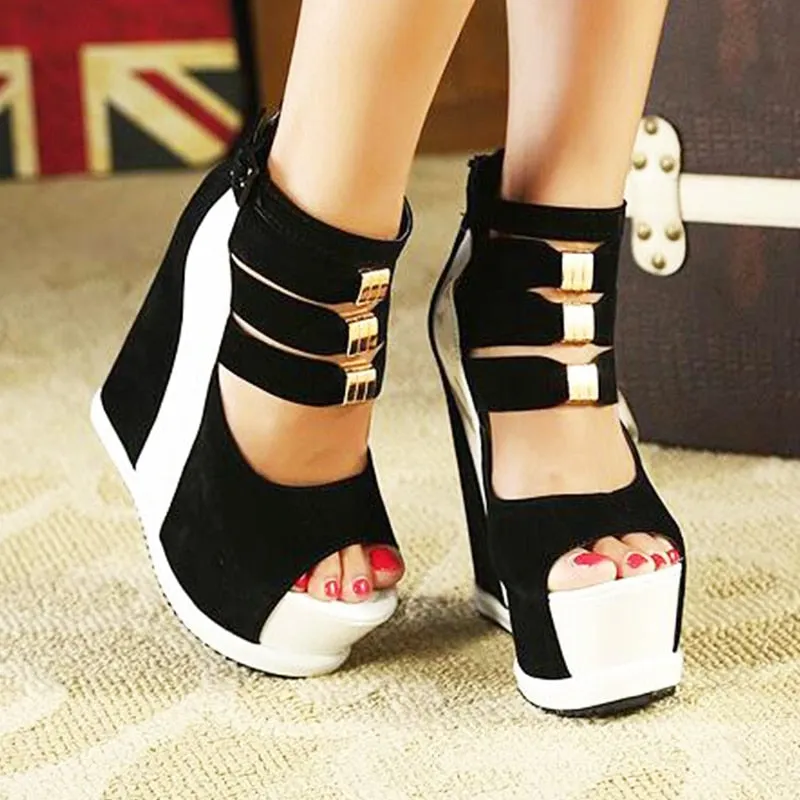Women Platform Sandals Wedges High heel 14cm Peep Toe Mixed Colors Sweet Woman Shoes Sexy Ladies Shoes
