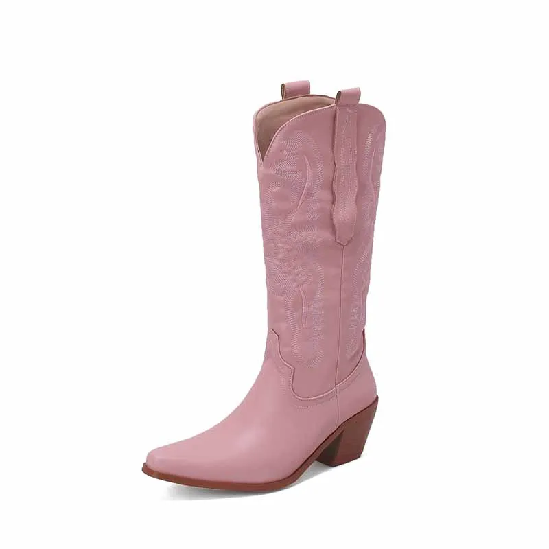 Women's block heel boots knee high embroidered cowgirl boots