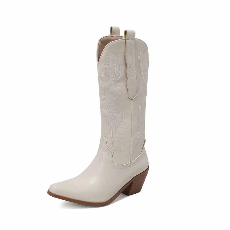 Women's block heel boots knee high embroidered cowgirl boots