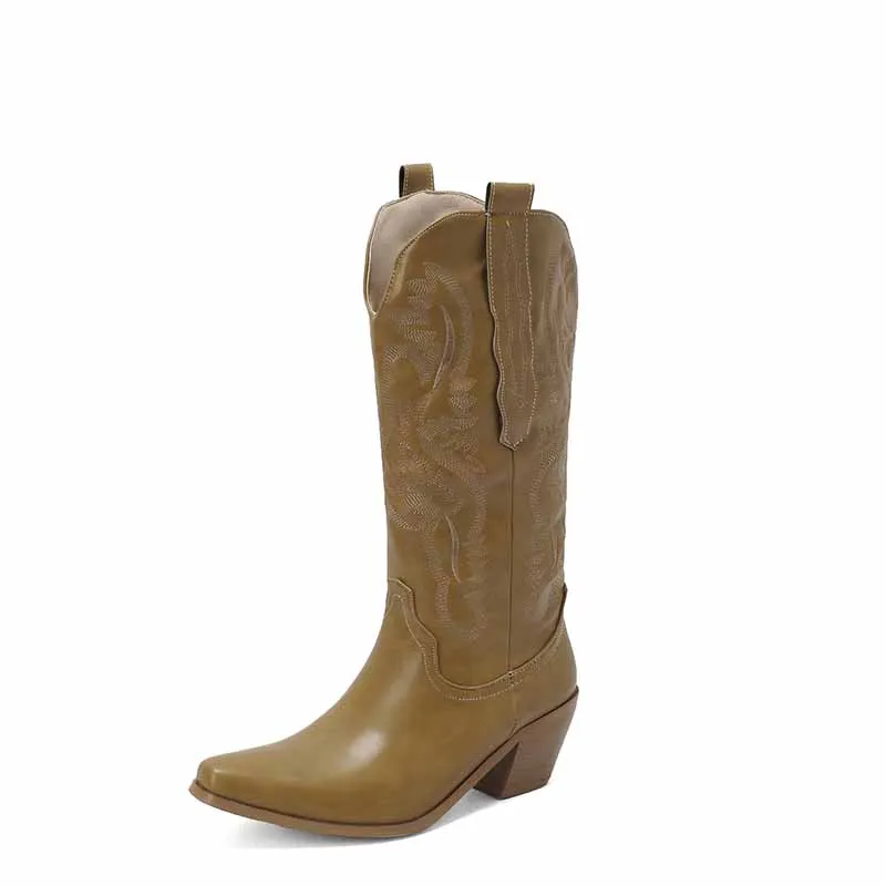 Women's block heel boots knee high embroidered cowgirl boots