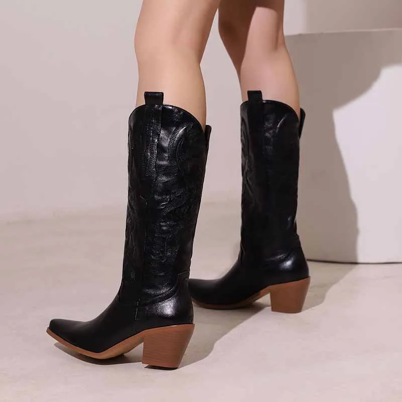 Women's block heel boots knee high embroidered cowgirl boots