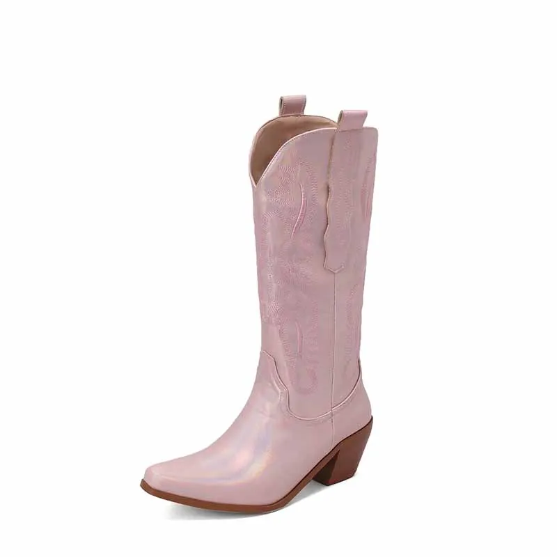 Women's block heel boots knee high embroidered cowgirl boots
