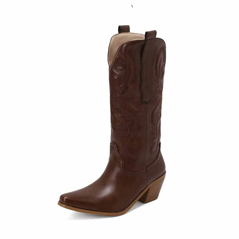 Women's block heel boots knee high embroidered cowgirl boots