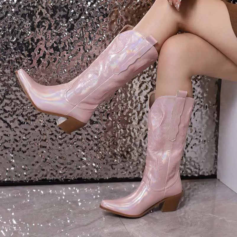 Women's block heel boots knee high embroidered cowgirl boots