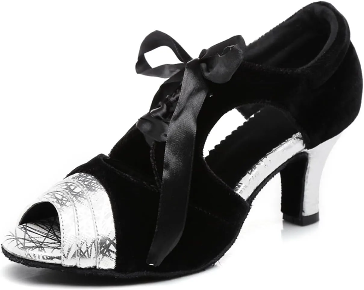 Women's Peep Toe Lace-up Ties Synthetic Ballroom Tango Party Wedding Practice Dance Shoes Black/Silver US 8.5