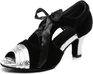 Women's Peep Toe Lace-up Ties Synthetic Ballroom Tango Party Wedding Practice Dance Shoes Black/Silver US 8.5