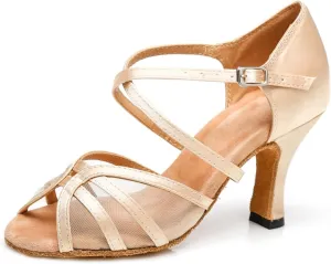 Women's Peep Toe Satin Ballroom Tango Party Wedding Rumba Practice Professional Dance Shoes Nude US 6.5