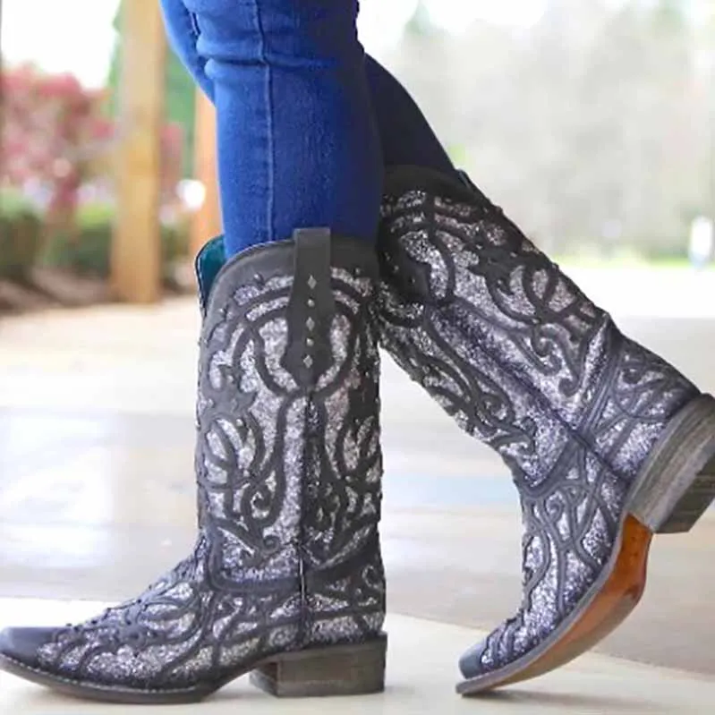 Women's Sequin Black Boots Wedding Mid Calf Boots