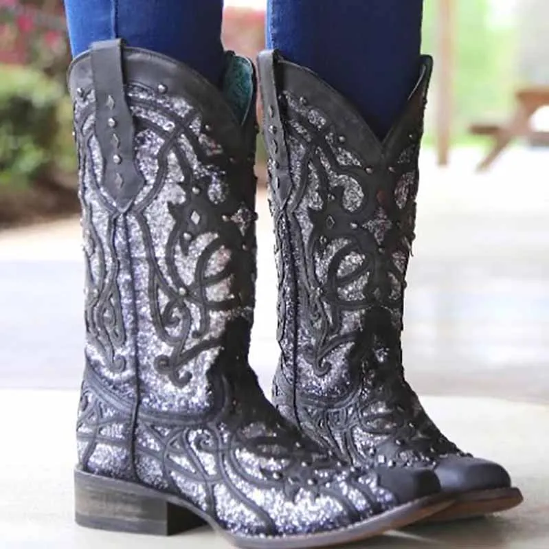 Women's Sequin Black Boots Wedding Mid Calf Boots