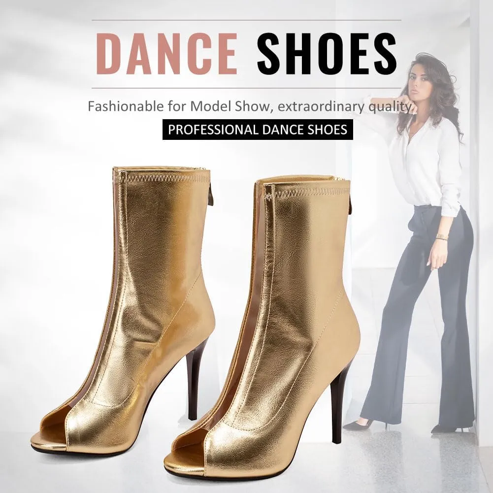 YKXLM Latin Salsa Ballroom Dance Shoes for Women with Zipper Ankle Open Toe Dancing Boots