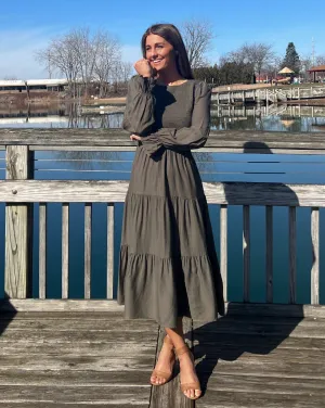 ZESICA Long Sleeve Elastic Waist Smocked Flowy Tiered Midi Dress