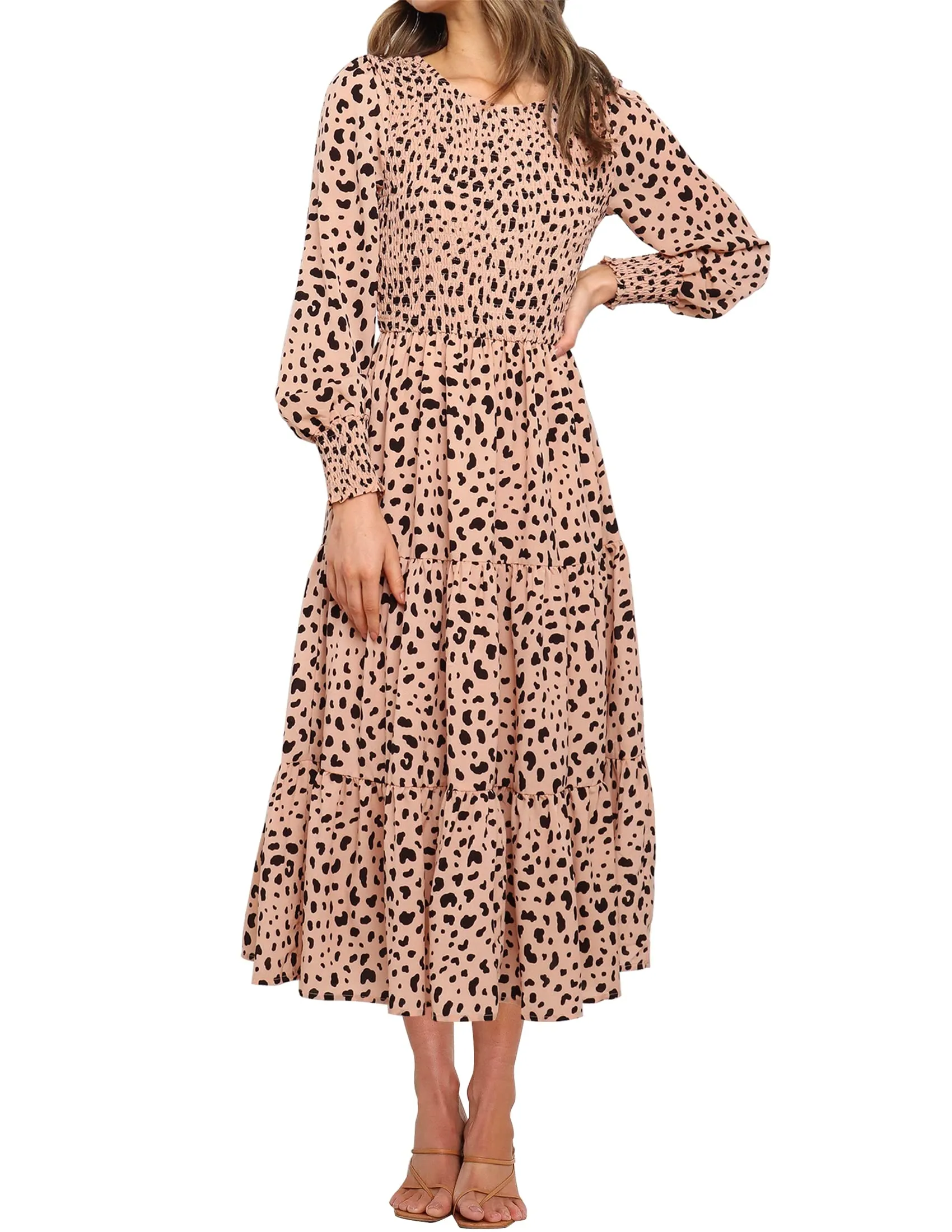 ZESICA Long Sleeve Elastic Waist Smocked Flowy Tiered Midi Dress