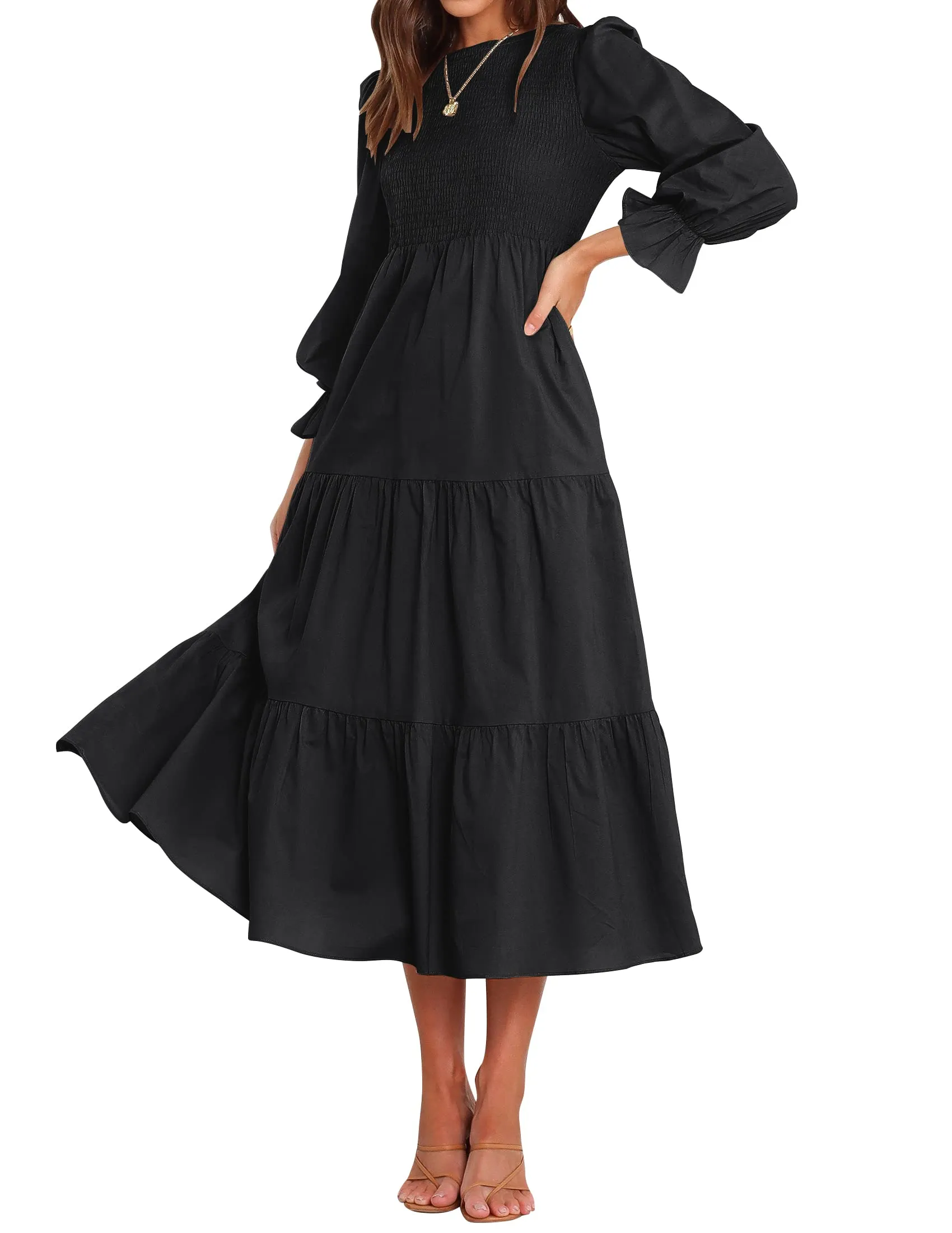 ZESICA Long Sleeve Elastic Waist Smocked Flowy Tiered Midi Dress