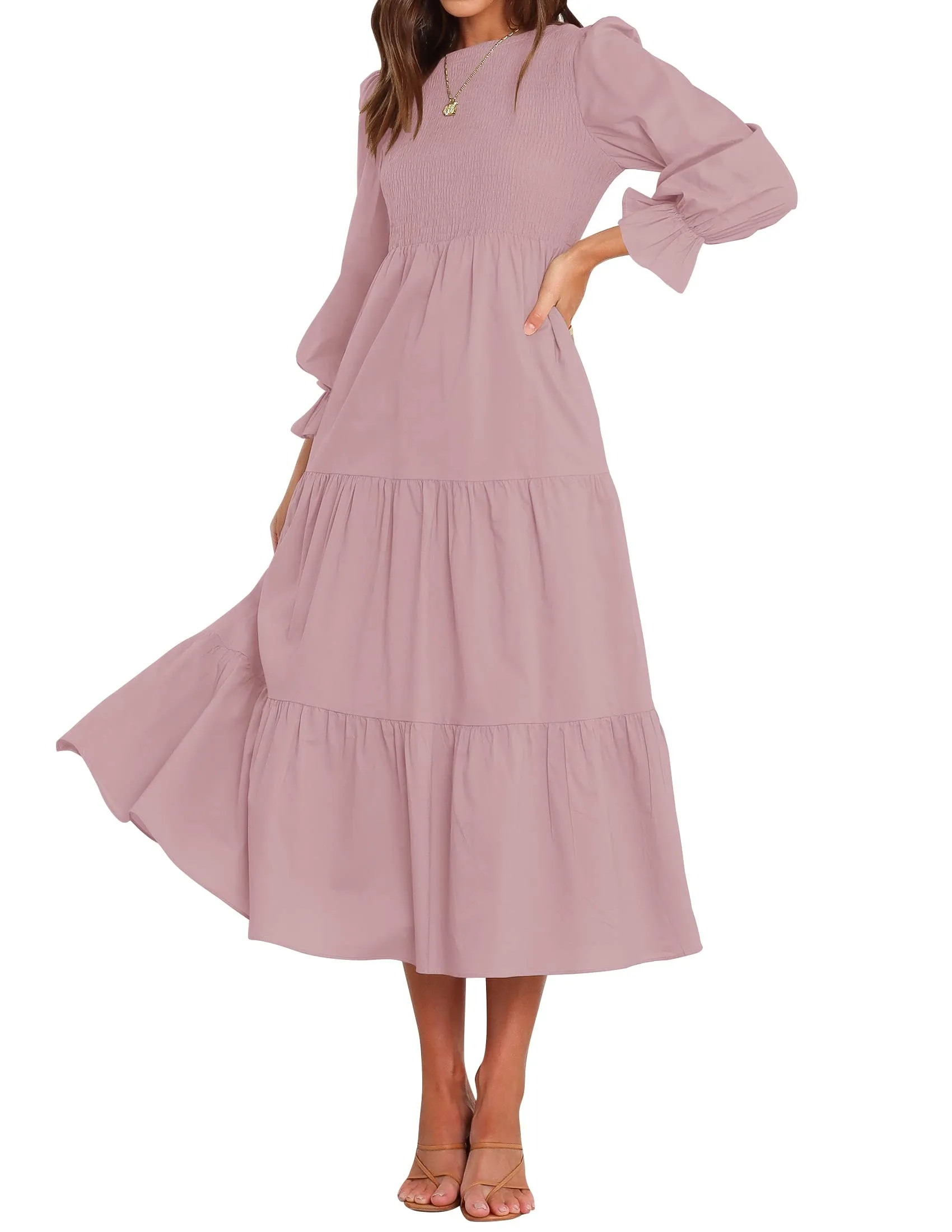 ZESICA Long Sleeve Elastic Waist Smocked Flowy Tiered Midi Dress