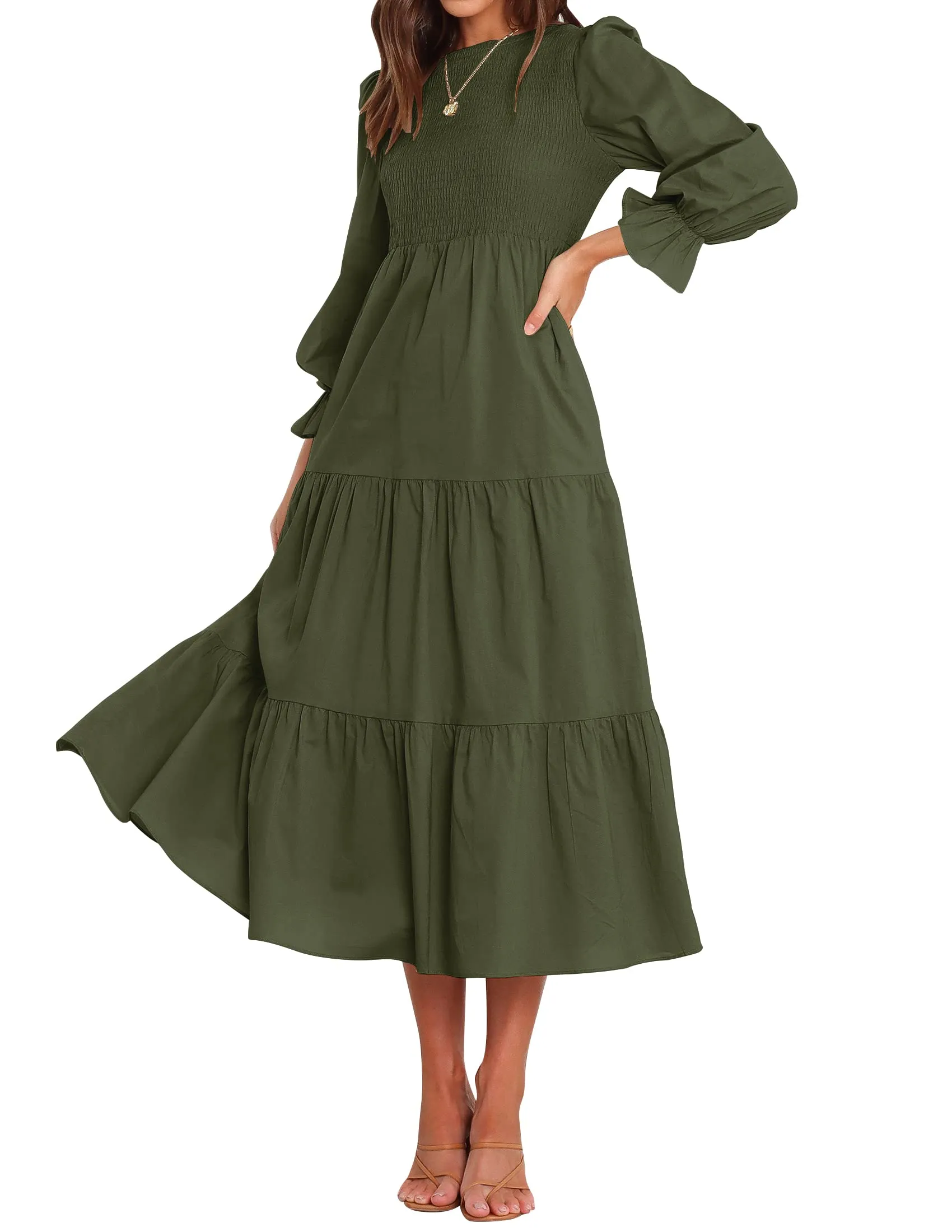 ZESICA Long Sleeve Elastic Waist Smocked Flowy Tiered Midi Dress