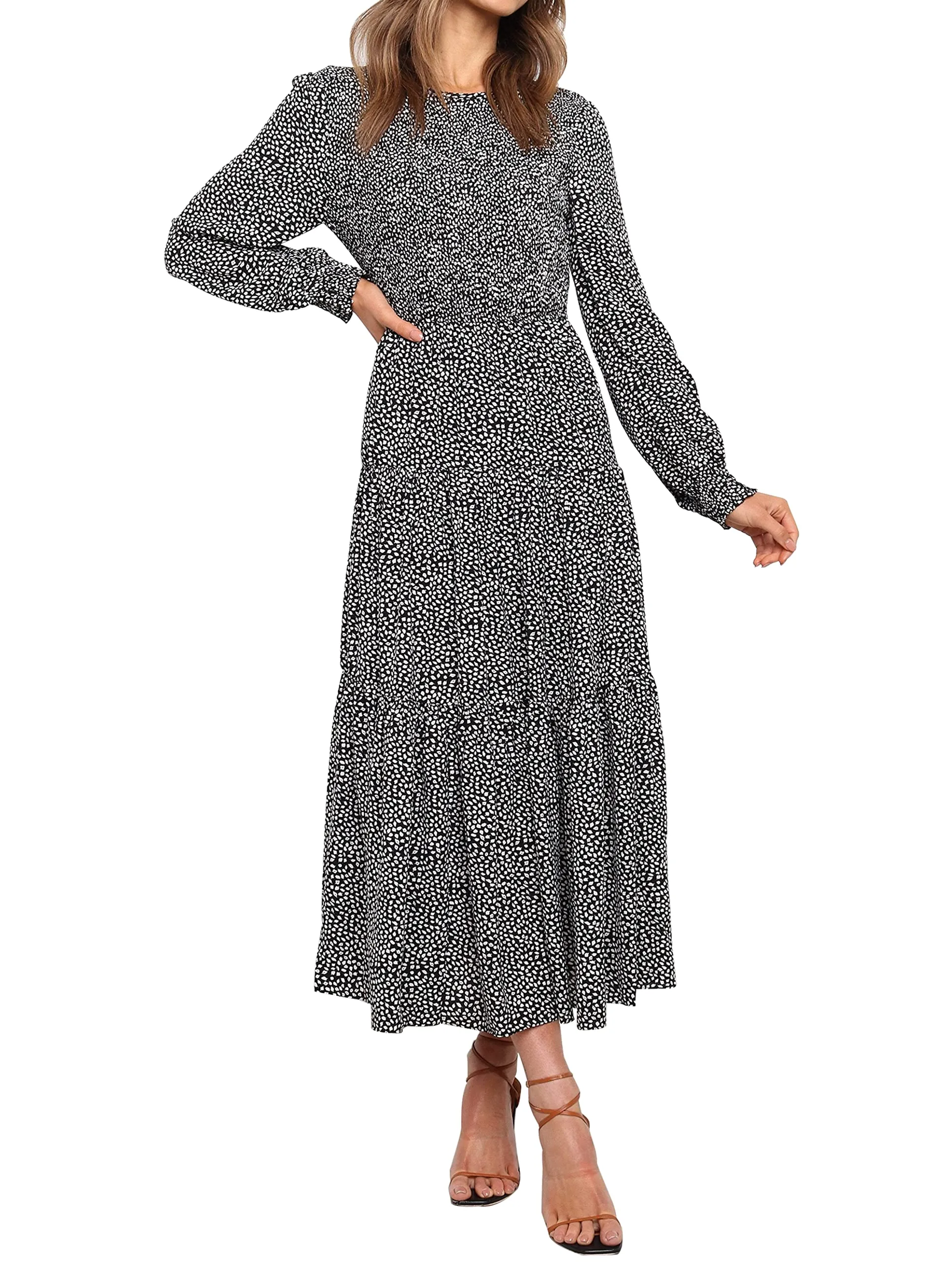 ZESICA Long Sleeve Elastic Waist Smocked Flowy Tiered Midi Dress